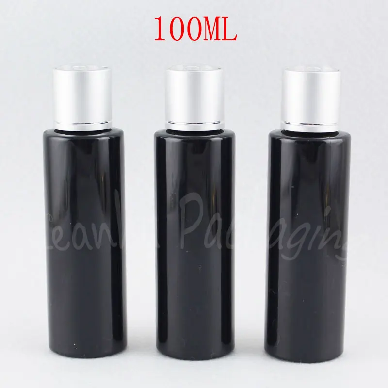 

100ML Black Flat Shoulder Plastic Bottle With Silver Disc Top Cap , 100CC Makeup Sub-bottling , Empty Cosmetic Container