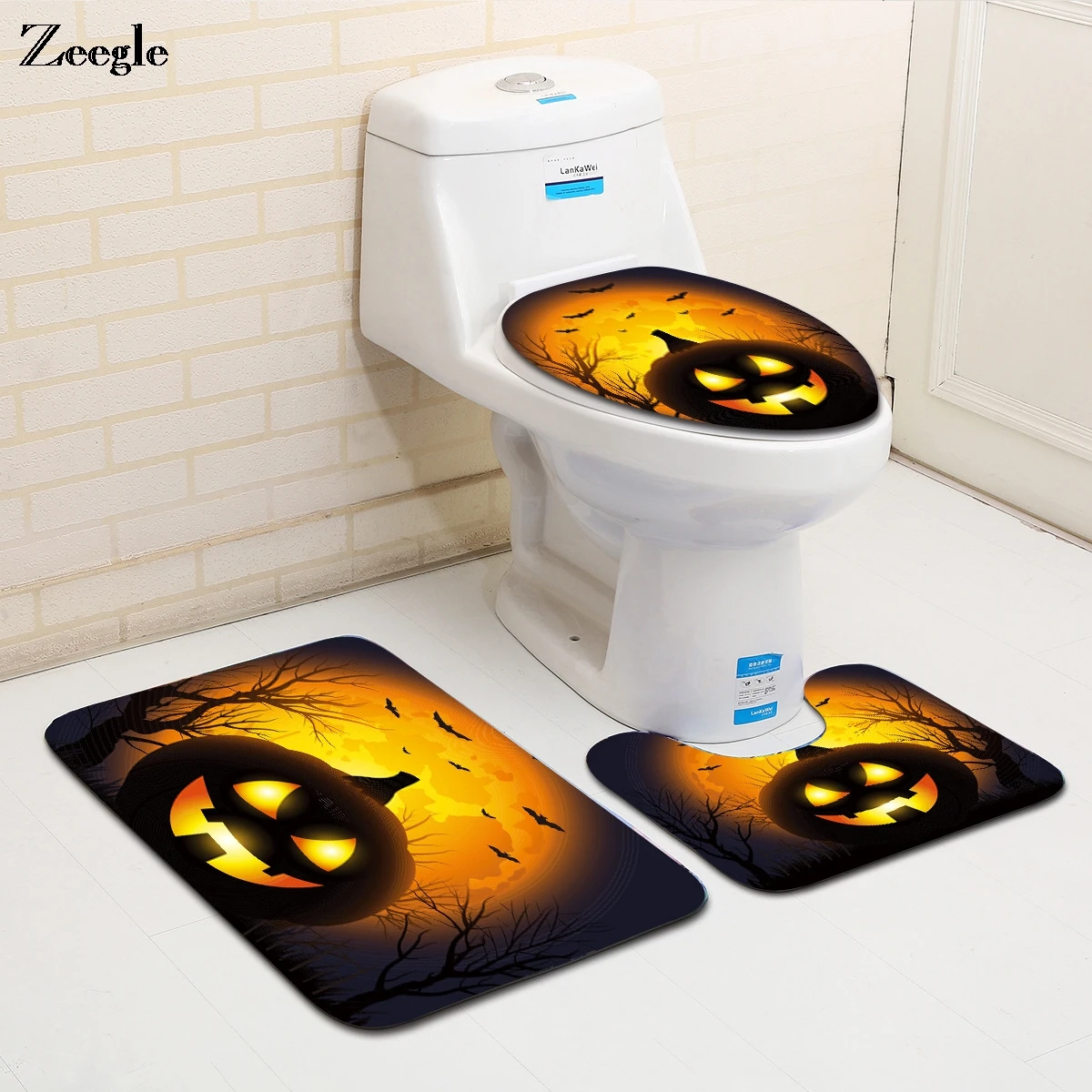 3Pcs Halloween Theme Bathroom Non-Slip Pedestal Rug Lid Toilet Cover Bath Mat 
