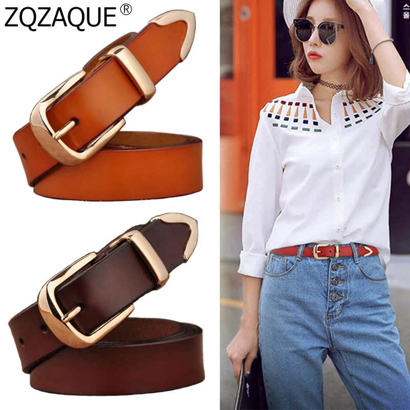 

England Style Women's Genuine Leather Belts Fashion Wild Waist Belt Gold Pin Buckle Belts for Girls Jeans Young Lady Accessories