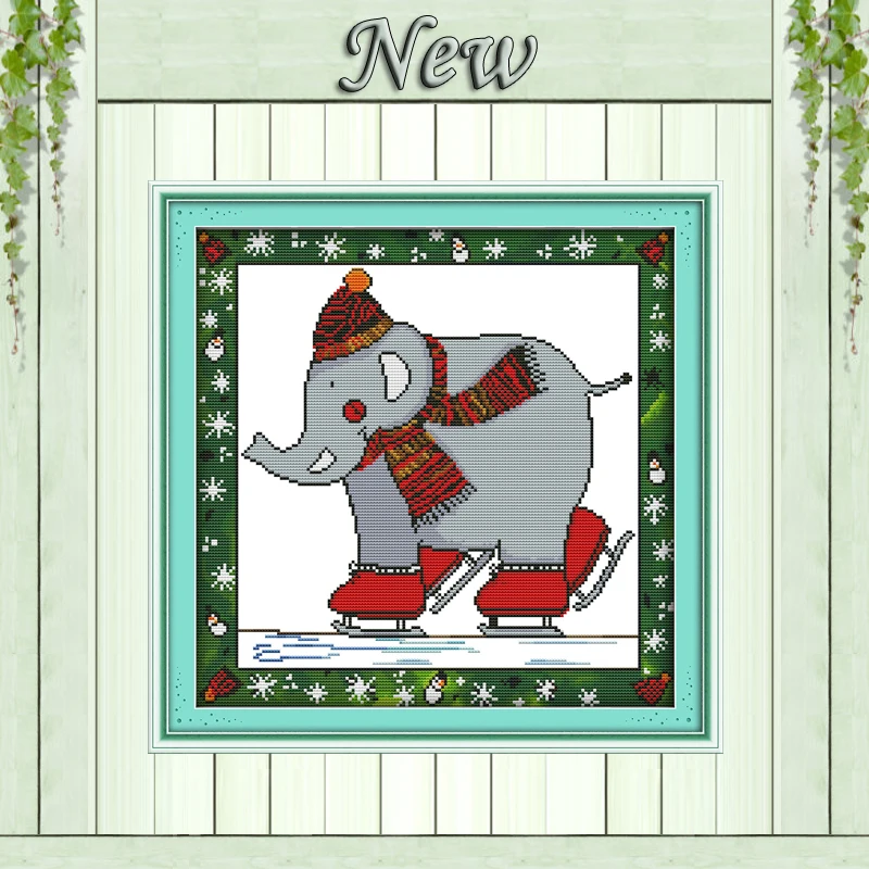 

Elephant Christmas skating cartoon animal 11CT counted print on the canvas DMC Cross Stitch kits 14CT needlework Sets embroidery
