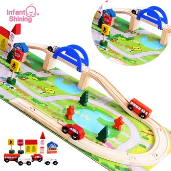 

Infant Shining Baby Toys Wooden Toy Cars Traffic Puzzle Blocks Educational Blocks Overpass Toy Jigsaw Puzzles DIY Railway Toy