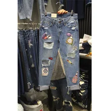 Корейские весенние женские синие джинсы, ретро штаны-шаровары с дырками и заплатками, длинные штаны для девочек, студенческие джинсовые штаны