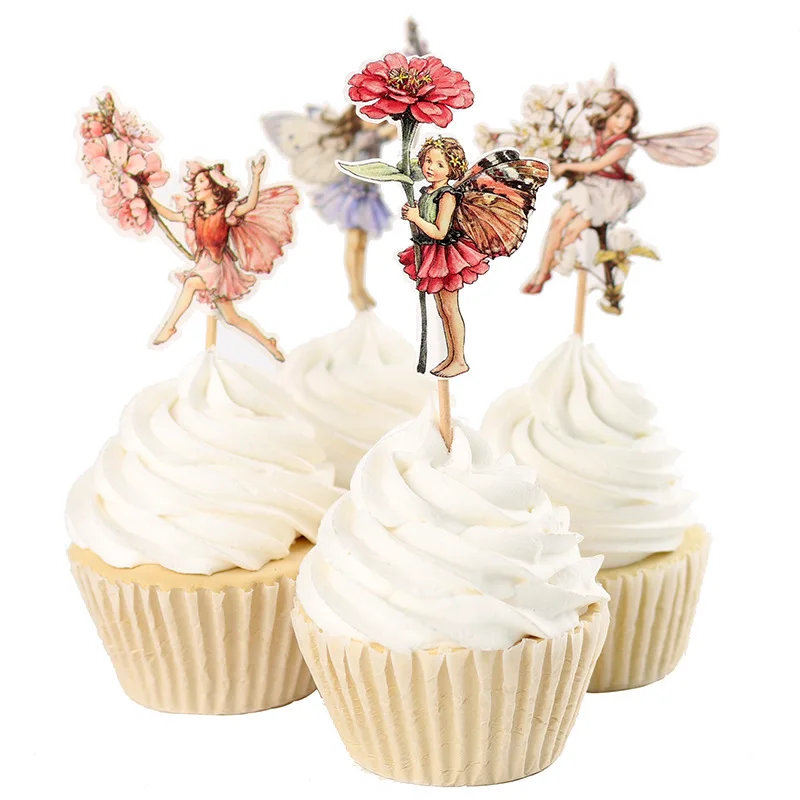 

24pcs Flower Fairy Cupcake Topper With Bamboo Cartoon Wedding Cake Decoration Kids Girls Birthday Supplies