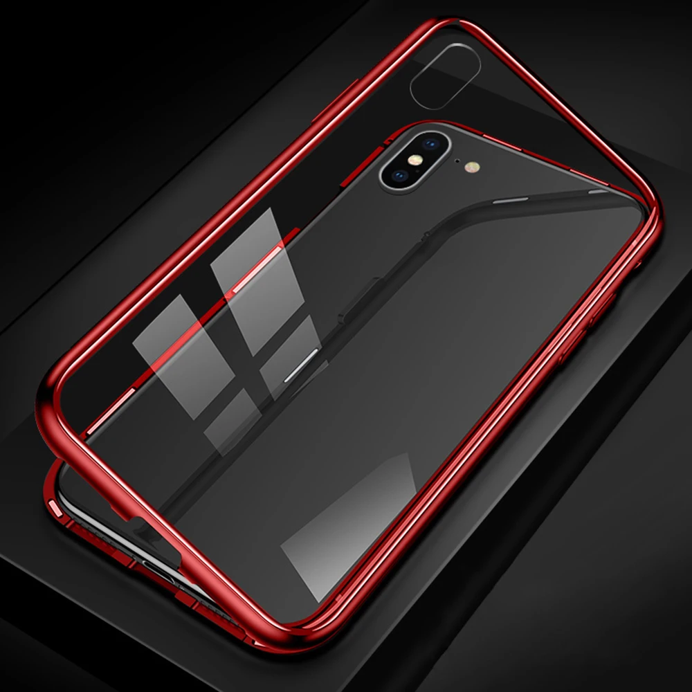 Чехол с магнитной адсорбцией для iPhone XS Max XR 7 8X6 S 6 S Plus, полный Чехол с откидной крышкой, металлический бампер+ Противоударная сумка из Tmpered стекла - Цвет: Red