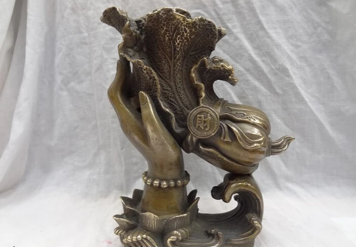 

Collectible bronze S1285 10" Folk Chinese Bronze Copper Buddhist Lotus Buddha Hand Cai Cabbage Statue