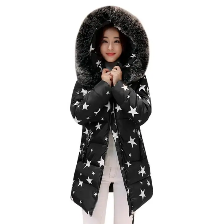 

Winter Jacket Women Coat big fur collar Lady Hooded Jacket With Star Print Thick Warm Female Coat Parka outwear s1132