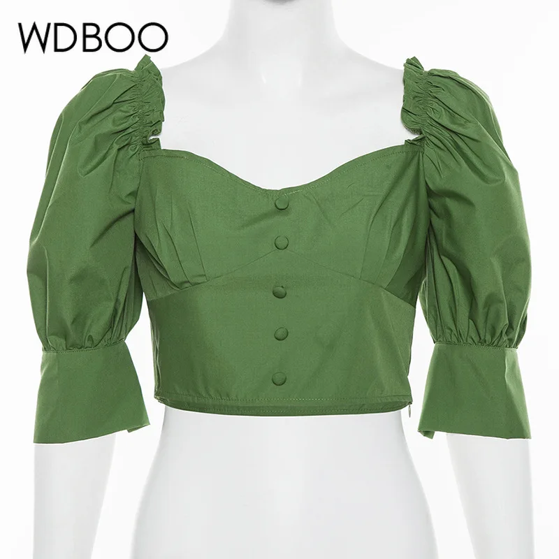 

WDBOO Vintage Short Puff Sleeves Dark Green Crop Top T Shirt Women Sweet Zip Up Slim Fit Casual Tops Streetwear Kawaii Shirt