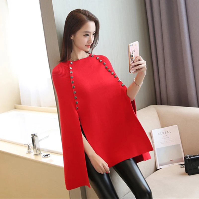 

Luxury Party Club Ladies Metal Button Split Knitwear Sweater Cape Ponchos Loose Pullover Long Sweatercoat Jumper Coat Pull Cloak