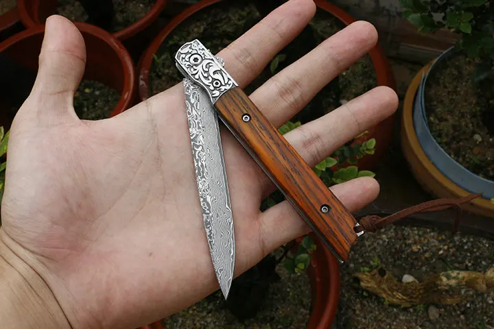 KESIWO Damascus VG10 blade folding knife wood handle flipper pocket survival camping tactical knive