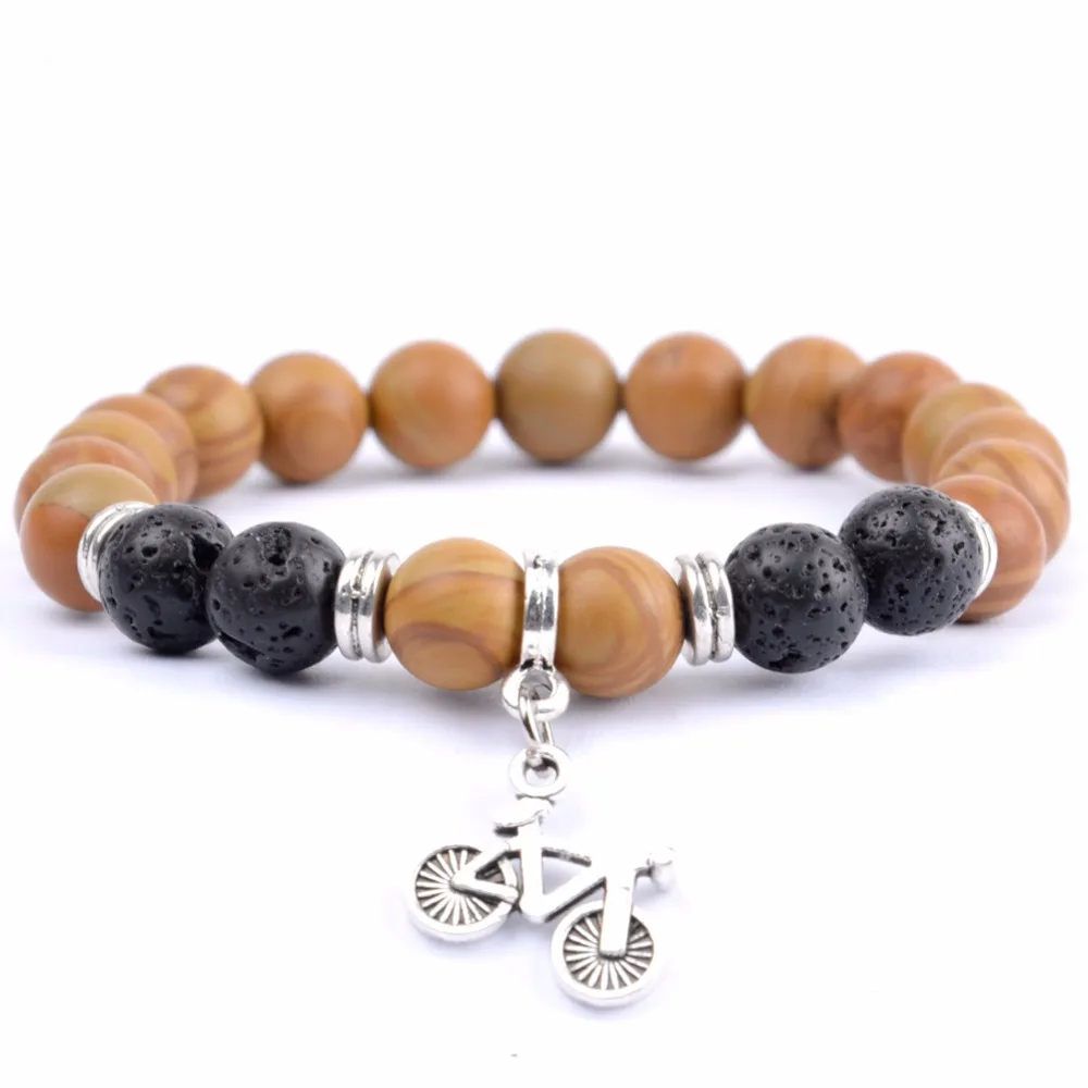 

Trendy Bicycle Charm Bracelets Men Casual Natural Stone Wood Jaspers Beaded Bracelet & Bangle For Women Friendship Jewerly