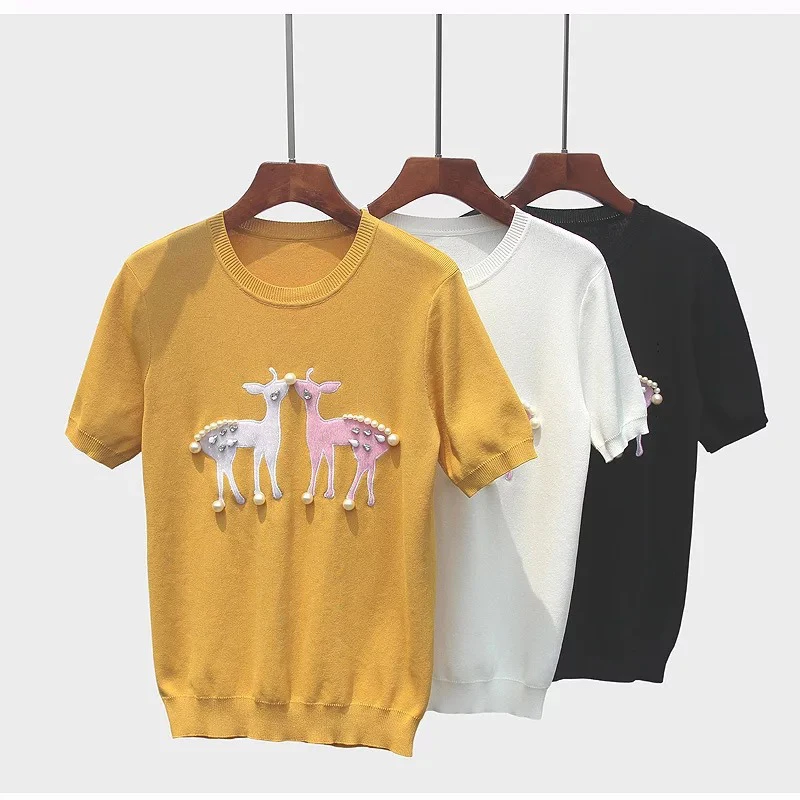 

2018 Summer Thin Knitted Top Tees Short Sleeve Tshirt Women O-Neck Beading Luxury Brand T Shirt Designer Tops Camiseta Feminina