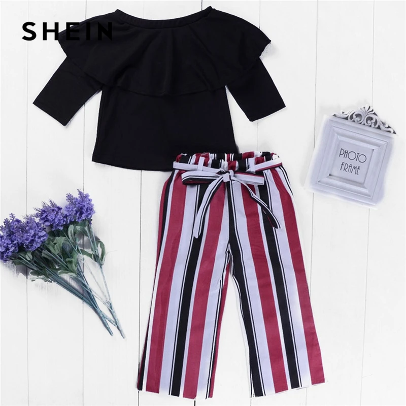 SHEIN Kiddie Toddler Girls Ruffle Blouse With Striped Pants Two Piece Set Kids Clothing 2019 Spring Long Sleeve Children Clothes SHEIN Kiddie Toddler Girls Ruffle Blouse With Striped Pants Two Piece Set Kids Clothing 2019 Spring Long Sleeve Children Clothes