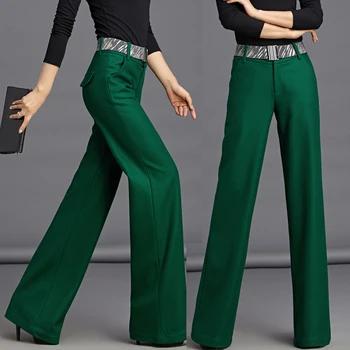 

Autumn Winter Fashion Women Elegtant Green Black Thick Wide Leg Woolen Trousers , 3XL Casual High Waisted Wool Pants For Woman
