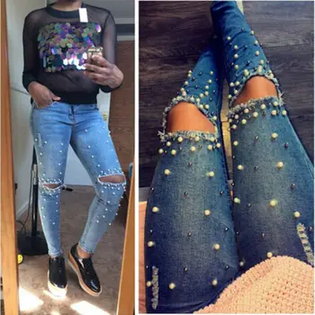 

Hot Women Denim Skinny Ripped Pants High Waist Stretch Hole Jeans Long Pencil Pants