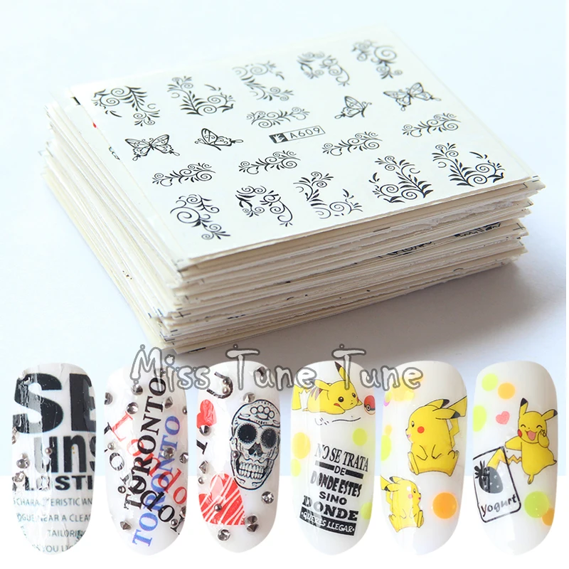 

60PCS/Set Mixed Lace Patterns Letters Cartoon Flower Water Transfer Nail Stickers Wraps Decals Designs Watermark Nail Tips