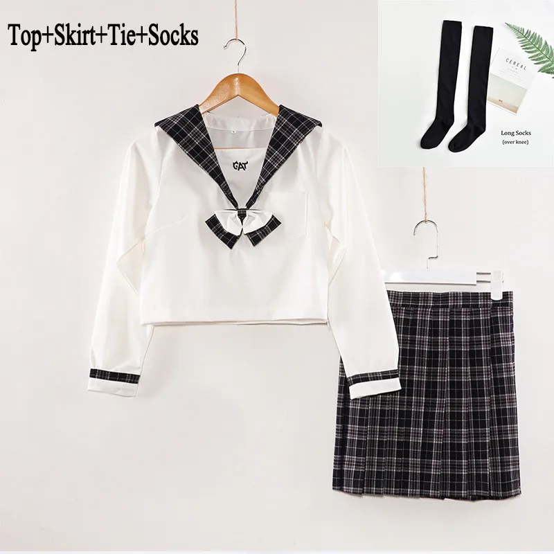 UPHYD/Школьная форма для косплея с коротким/длинным рукавом, милая школьная форма для девочек, белая рубашка с вышитым котом+ клетчатая юбка, комплект - Цвет: Long Set With Socks