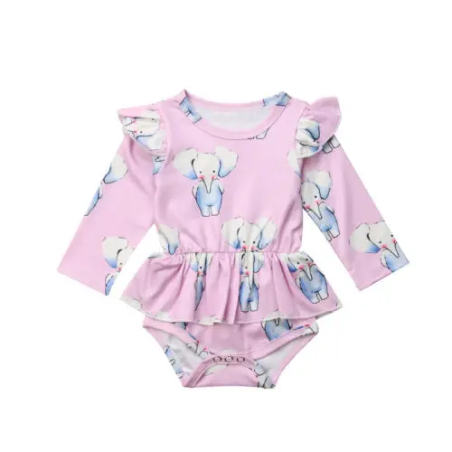 Симпатичные для новорожденных девочек с принтом слона боди Повседневное одежда с длинным рукавом оборками комбинезон боди комбинезон