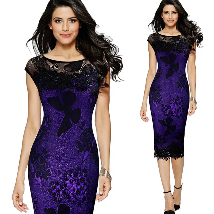 Joineles 5XL размера плюс, женское платье-карандаш, летняя мода, изысканное, с блестками, вязанное крючком, с бабочкой, Кружевное облегающее платье, вечерние платья - Цвет: Purple