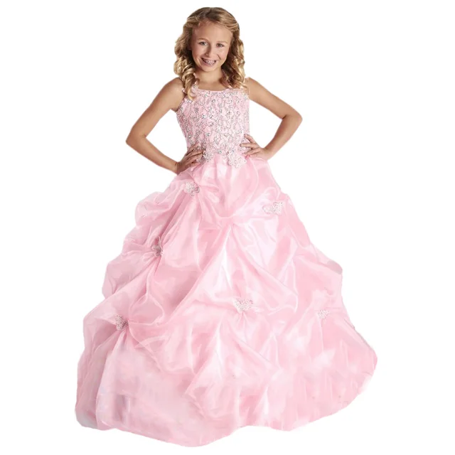 Best price at $119 Cheap Floor Length Kids Evening Bubbled Gowns Party Use Long Ruched Beaded Spaghetti Straps Lovely Draping Ruffles Pink Prom Dresses