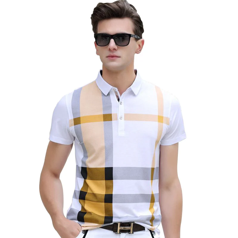 Мужская рубашка поло летняя с коротким рукавом в Корейском стиле|plaid polo shirt|brand