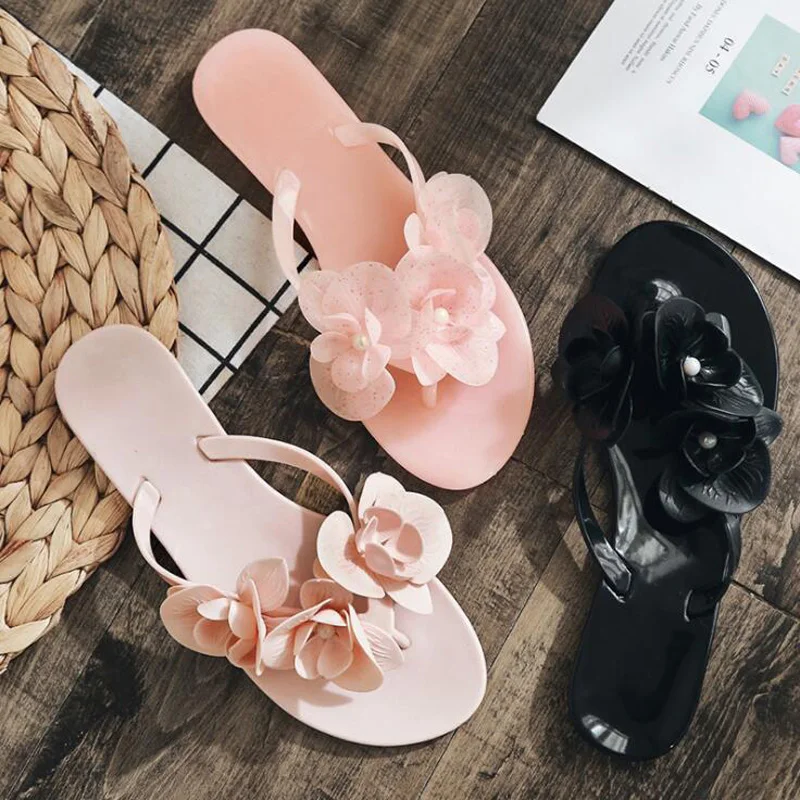 Новинка; Летние вьетнамки с тремя цветами; camellia; прозрачная обувь для улицы; Милая модная пляжная женская обувь; вьетнамки