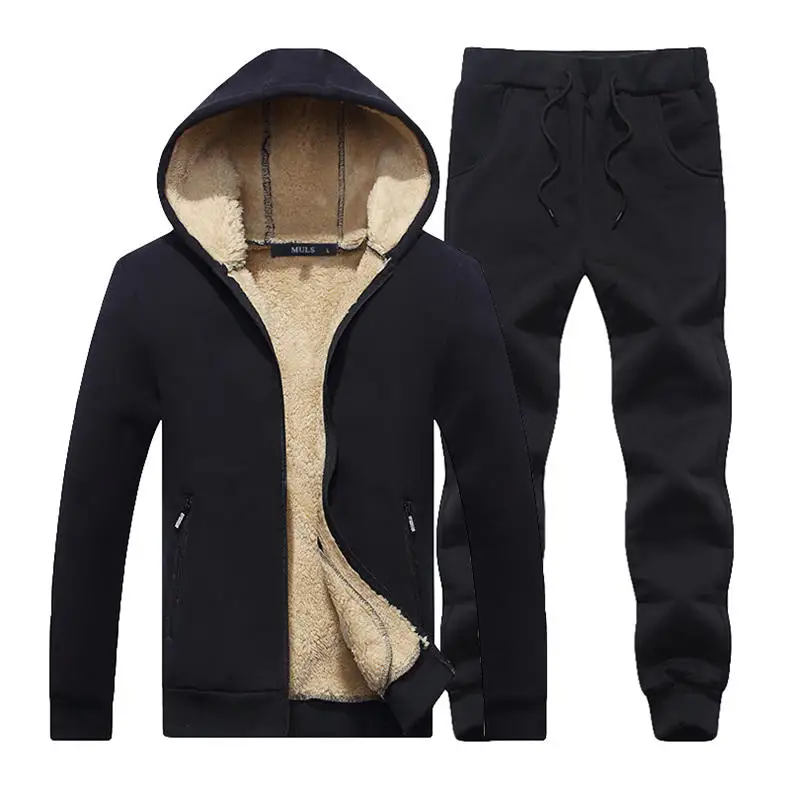 Couple Tracksuit Men Casual Cotton Knitted Hooded Warm Sweatshirt Male Winter Thick Lamb Cashmere Fleece Women Jacket+Pant 2PC 13