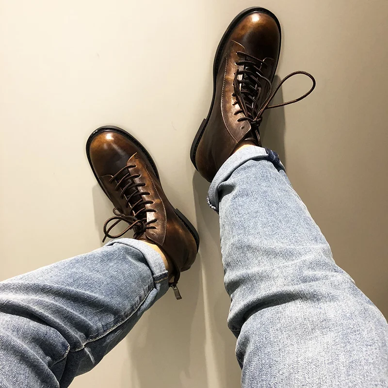 Cuero Zapatos De Tobillo Hombres Superior Tamaño Ee Estilo Marrón Alta Casuales Moto Genuino Lujo Uu Grandes Encaje Los Botas Zapatillas W0tv1Wf