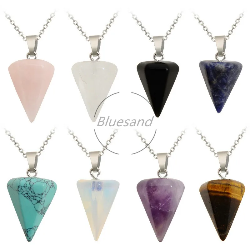 Natural Stone Necklace Crystal Wicca Pendulum Pyramid Healing Reiki Chakra Dowsing Chain Pendant Suspension Making 24pcs/lot | Украшения и