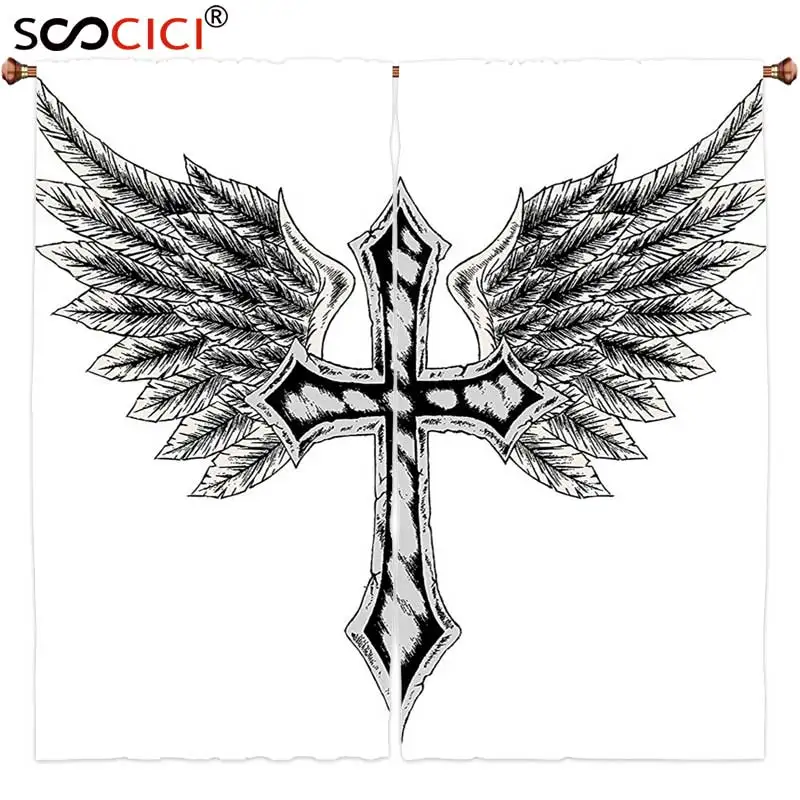 

Window Curtains Treatments 2 Panels,Gothic Decor Collection Heraldic Wing and Cross Christ and Christian Fable Feathers Faith