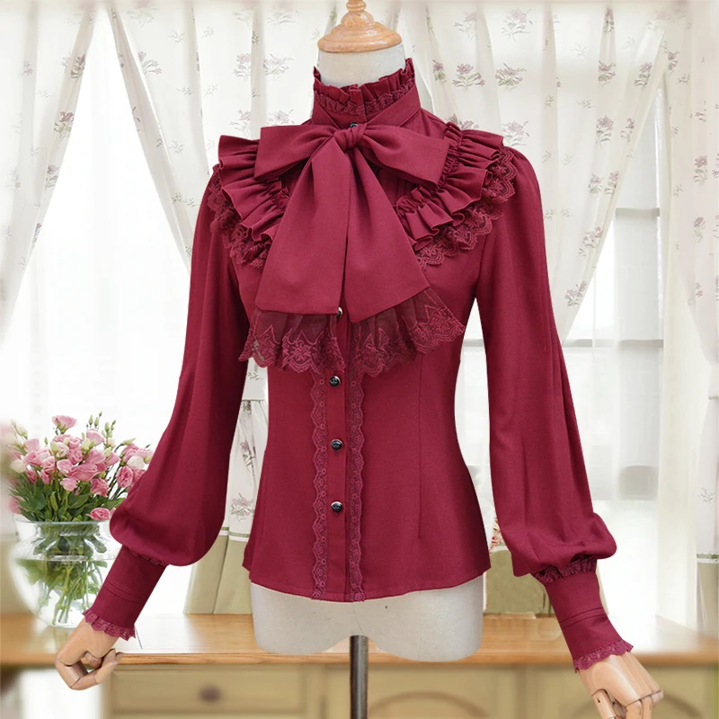 

4 Colors Elegant Women's Chiffon Shirts Lady Tops Vintage Long Lantern Sleeve Turtleneck Ruffles Lace Lolita Shirt Blouse Female