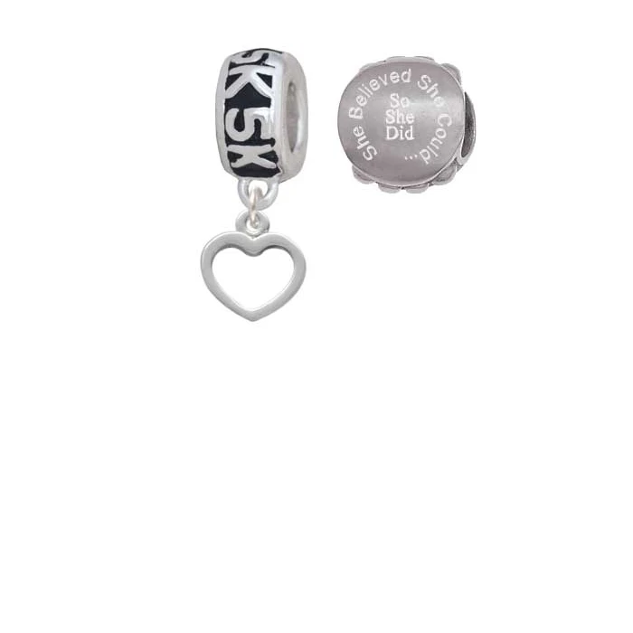 Silvertone Mini Outline Heart 5K Run She Believed She Could Charm Beads (Set of 2)