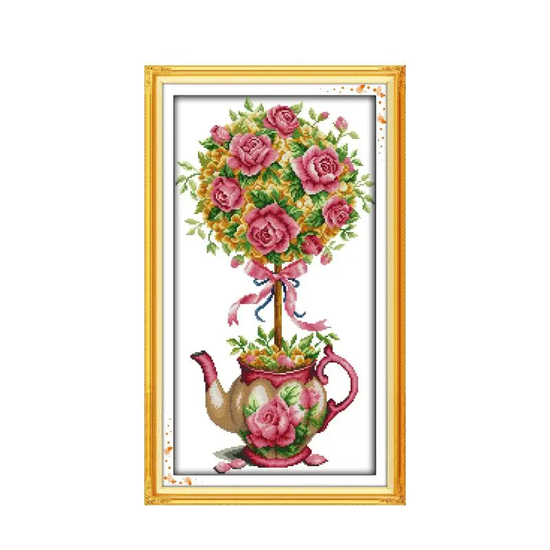 

Flower Ball and Teapot Cross Stitch Kit, 11CT 14CT Furniture Sewing Handmade DIY Embroidery Rose Flower Ornament