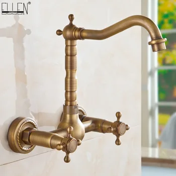 

Wall Mounted Kitchen Sink Faucet Dual Handle Antique Brass Bronze Hot and Cold Swivel Kitchen Faucets EL1310