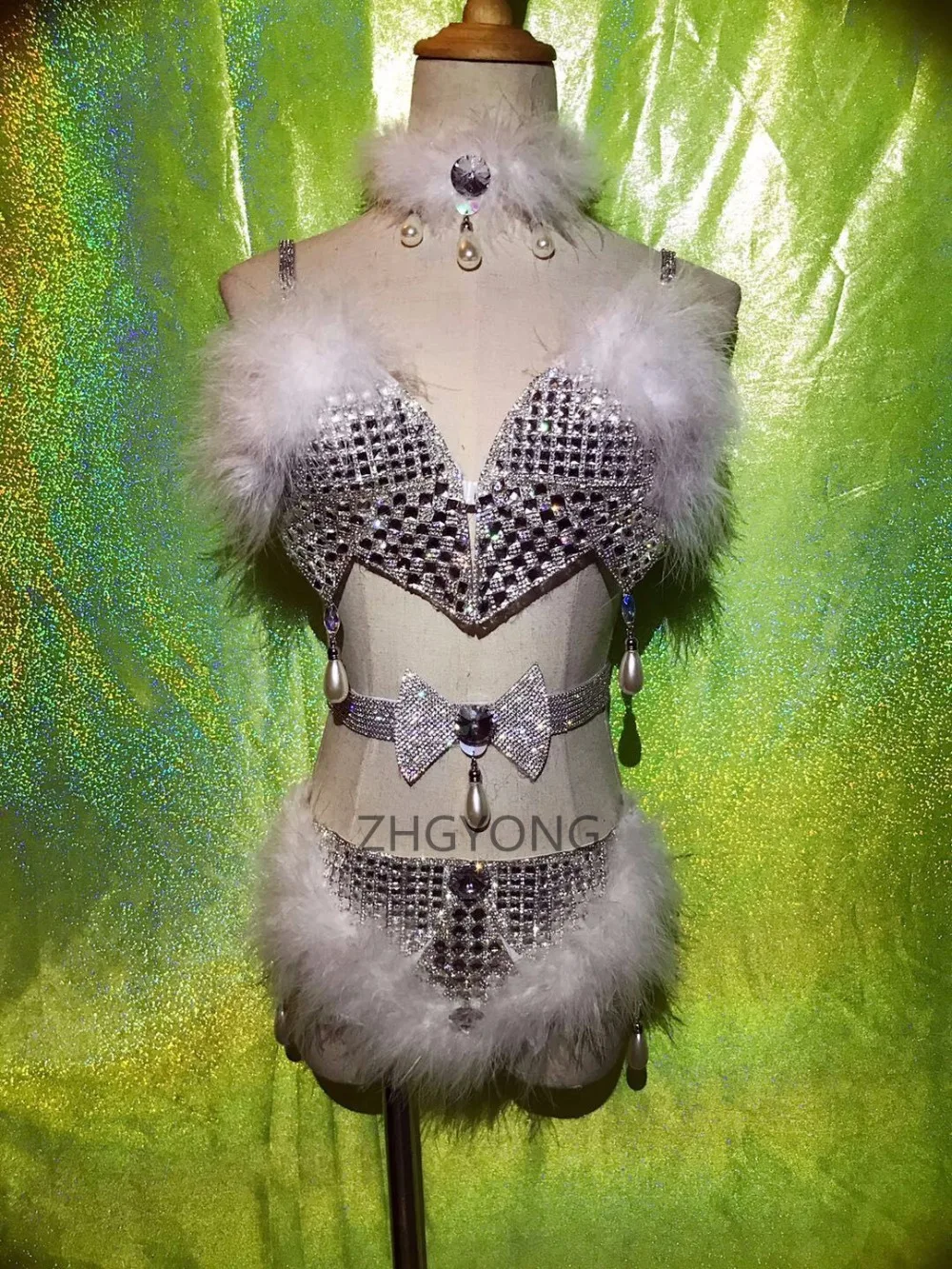 Кролик волос Серебристые Блестящие кристаллы бикини сексуальные женские костюмы Diamond 4 шт. комплекты ночной клуб DJ Джаз сцена костюмы