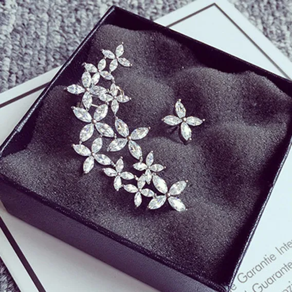 

SWOUR New Bridal Jewelry 925 Sterling Silver Ear Crawler Crystal Flower Design Ear Cuff Cubic Zircon Stud Earrings S012