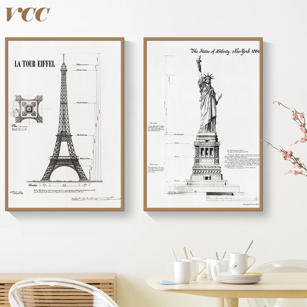 

Vintage art Eiffel Tower Statue of Liberty Picture 2 in 1 Print On Non-Woven Paper Poster,Wall Art Canvas Painting Home Decor