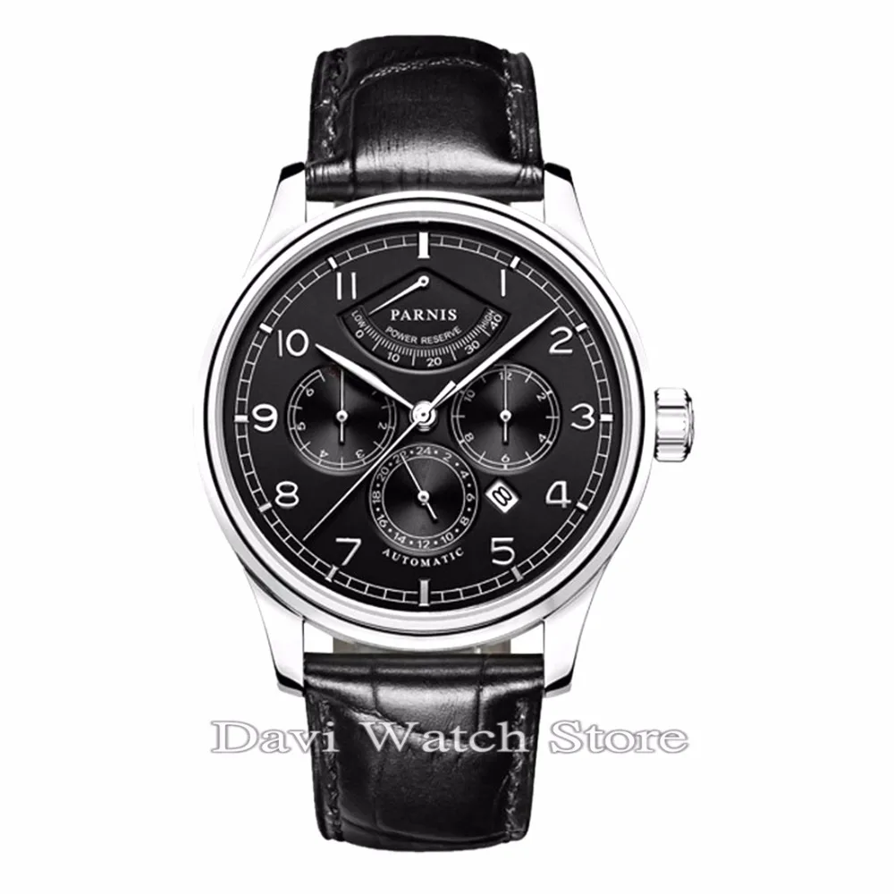 

Parnis 43mm white/black dial leather strap 26 jewels miyota Automatic power reserve mens Watch