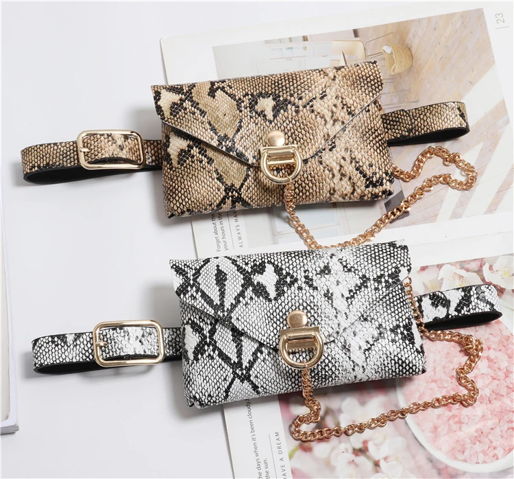 2019 New Pu Leather Women Serpentine Waist Bag Female Belt Bag Pouch Luxury Fanny Pack Square Phone Money Holder Purse Bum Bag