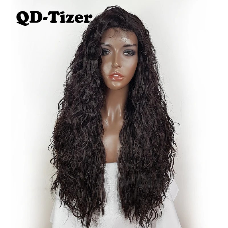 QD-Tizer темно-коричневый цвет свободные вьющиеся волосы синтетические парики фронта шнурка термостойкие бесклеевые волосы парики шнурка для