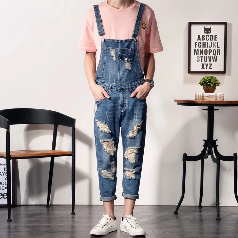 Fashion Skinny Ripped Jeans Men's Blue Overalls Jeans Male Denim Bib