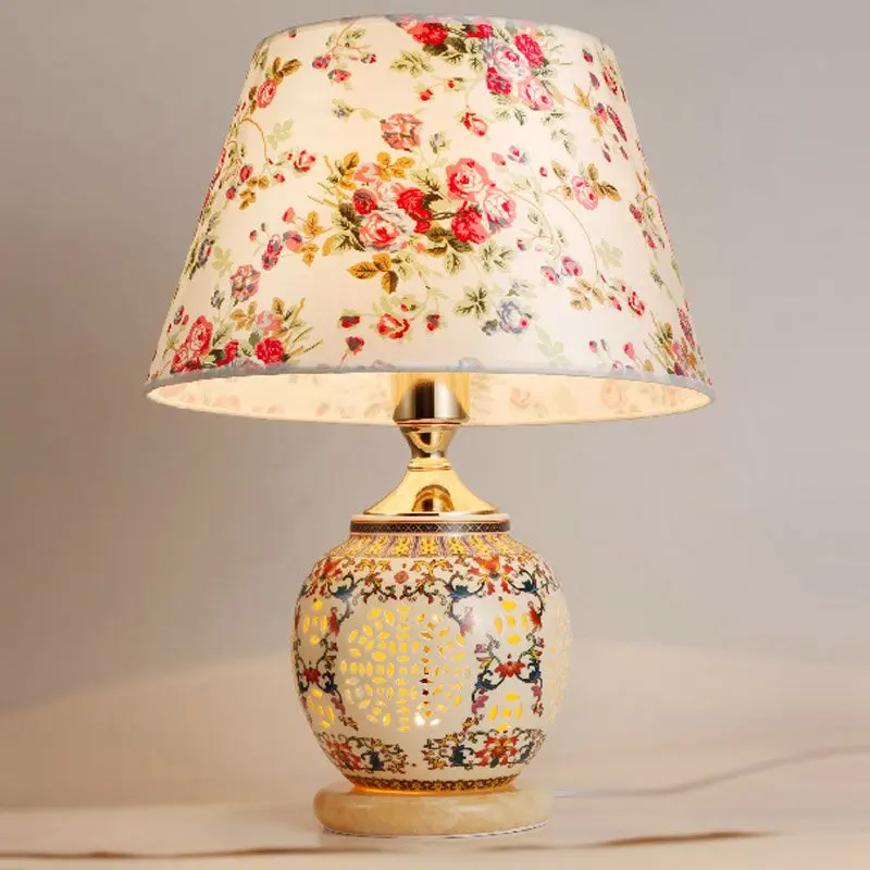 

D12" x H19" Chinese Classical Ceramic Bedroom Beside Table Light Creative Country Rustic Hotel Table Lamp White marble Base
