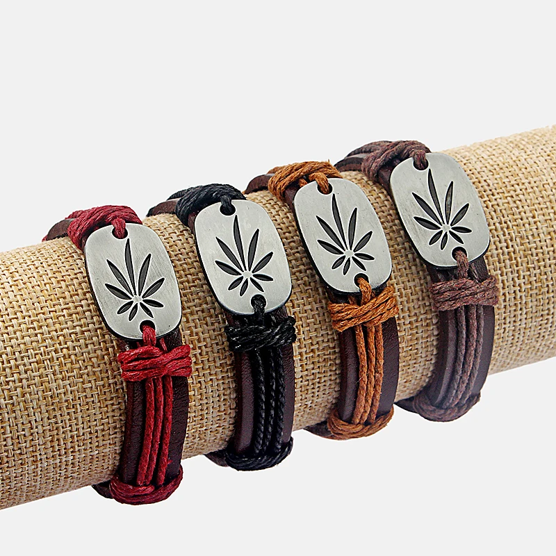 Punk Pot Leaf Weed Leaf Charm Men Bracelets Brown Adjustable Unisex