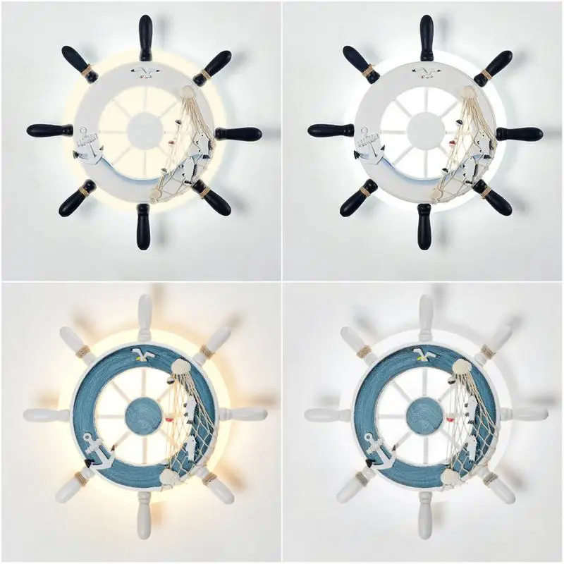 

Rudder Ocean Wall Lamp Blue White Art Deco Theme Creative Bedroom Kids Room Wood Acrylic Warm White / White