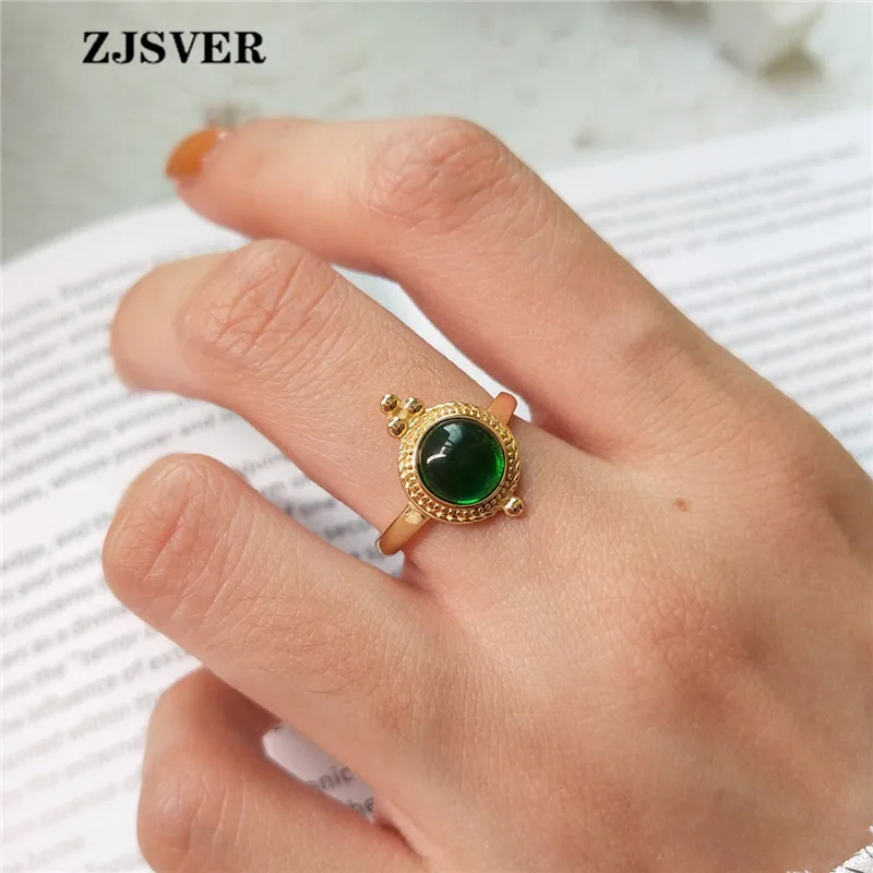 

ZJSVER Korean Jewelry 925 Sterling Silver Rings Golden Retro Simple Green Crystal Setting Women Ring For Attend Banquet Or Party