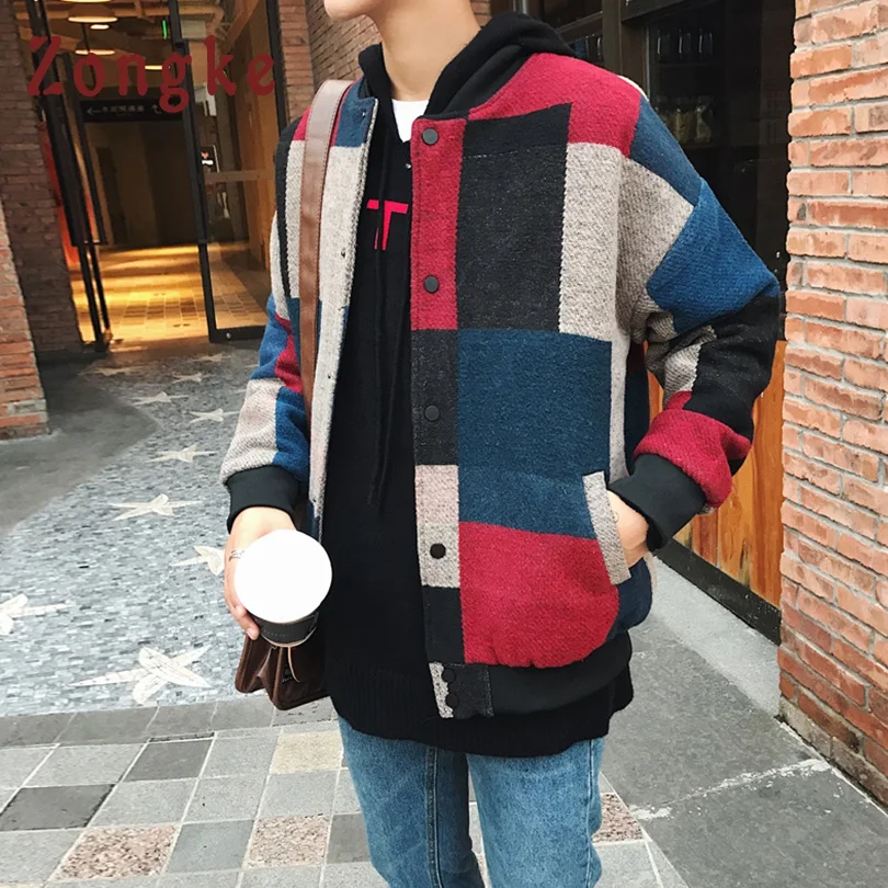 Kopen Zongke Wollen Plaid Bomberjack Mannen Fashions Hiphop Streetwear Winter Jas Mannen Jas Mannen Jas Jas 5XL 2018 Herfst nieuwe