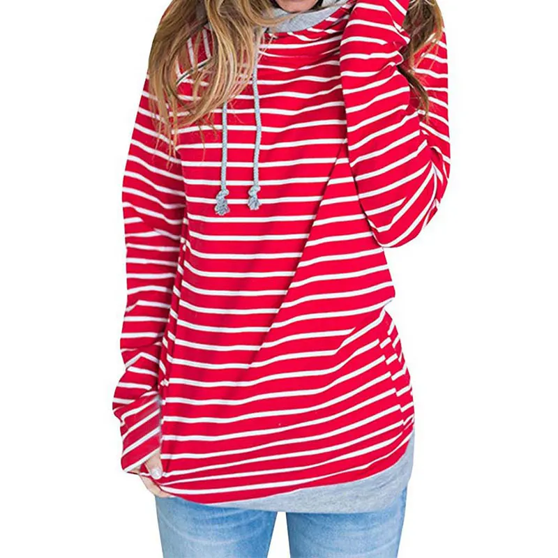 Осенняя толстовка с капюшоном, Женская Полосатая толстовка, женские зимние толстовки на молнии, утолщенная теплая толстовка с капюшоном, Женский пуловер - Color: 0598 red