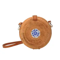 Путешествия лето сумка для дамы синий и белый фарфоровое украшение Для женщин круг соломенная сумка Повседневное ручной работы плетеная