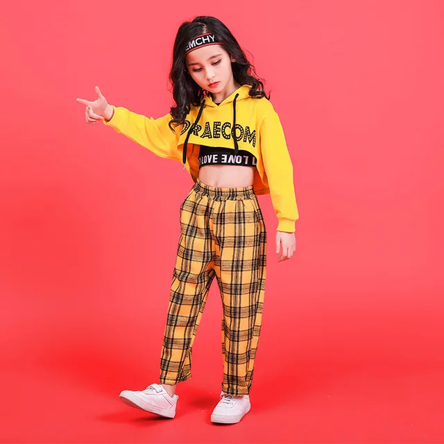 Yellow Girls Boys Hip Hop Hoodies Dance Clothes for Kids Jazz Dancing Costumes T Shirt Ballroom Crop Tops Plaid Jogger Pants 4