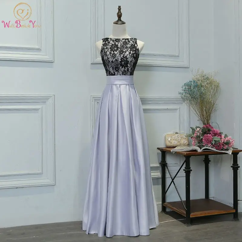 

Walk Beside You Silver Black Evening Dresses Lace Long Elegant Prom Gowns Mother of the Bride Dresses Vestidos De Gala De Noche