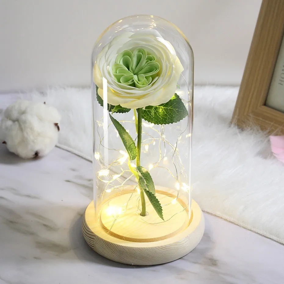 LED Soap Flower Rose Flower In Glass Dome Christmas Gifts Artificial Flower Valentine's Day Wedding Party Home Decor Fake Flower - Цвет: green